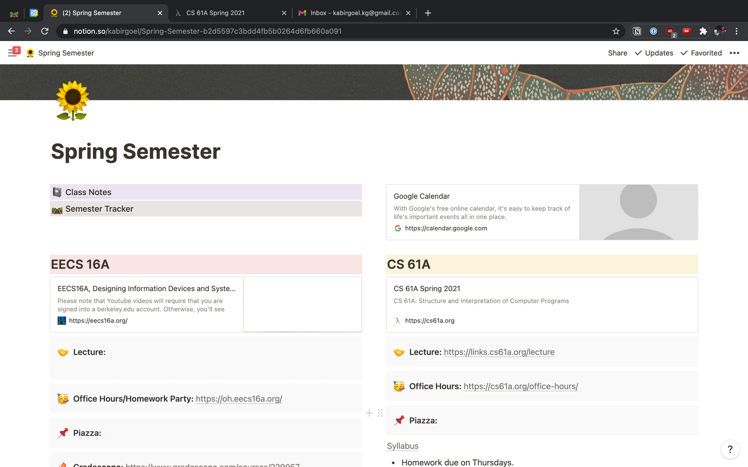 My spring semester Notion board.