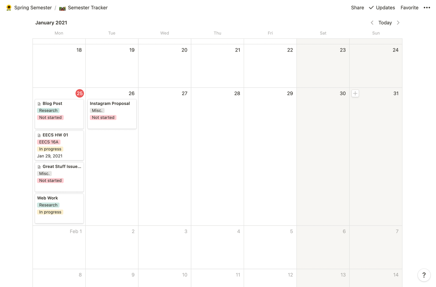 My Notion board's calendar view.