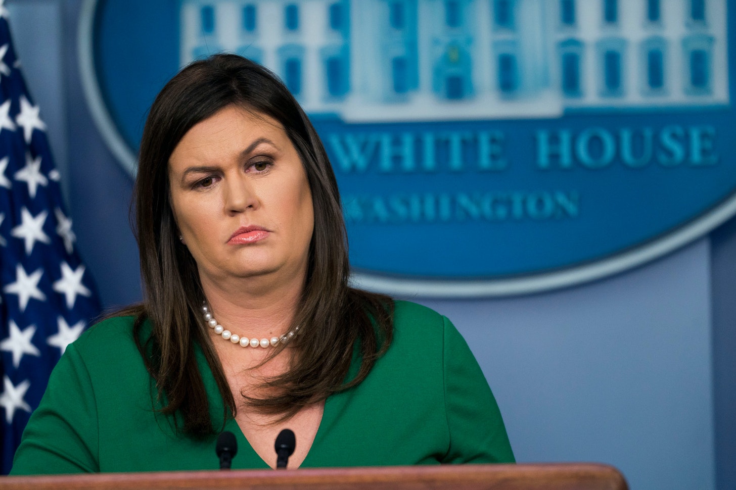 Sarah Huckabee Sanders doing a press briefing.